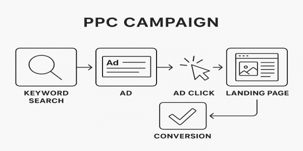 PPC Campaign Creation Overview How to Create a PPC Campaign - Diagram illustrating the flow from keyword search to ad click, landing page, and conversion.